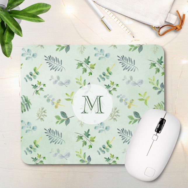 Watercolor Leaves Foliage Greenery Monogram Mouse Mat (Creator Uploaded)