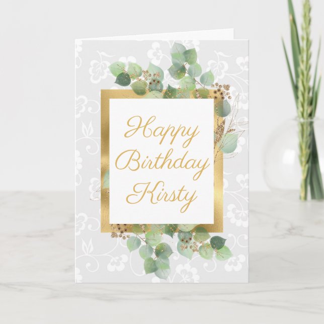 Watercolor Leaves Gold Foil Glitter Birthday Card (Front)