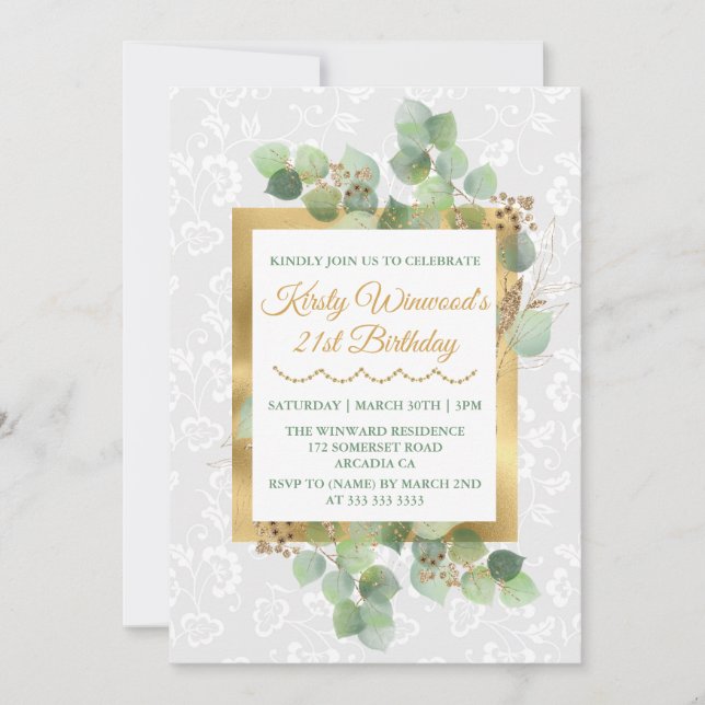 Watercolor Leaves Gold Foil Glitter Birthday Invitation (Front)