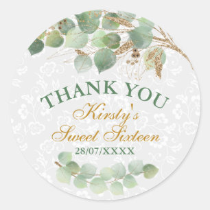 Watercolor Leaves Gold Foil Glitter Sweet Sixteen Classic Round Sticker