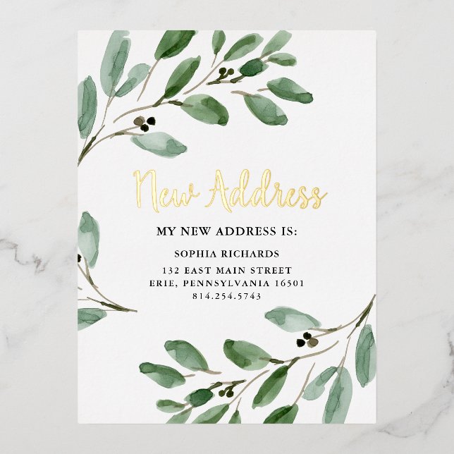 Watercolor Leaves Gold Foil Moving Announcement (Front)