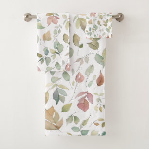 Watercolor Leaves Green Earth Tones Bath Towel Set
