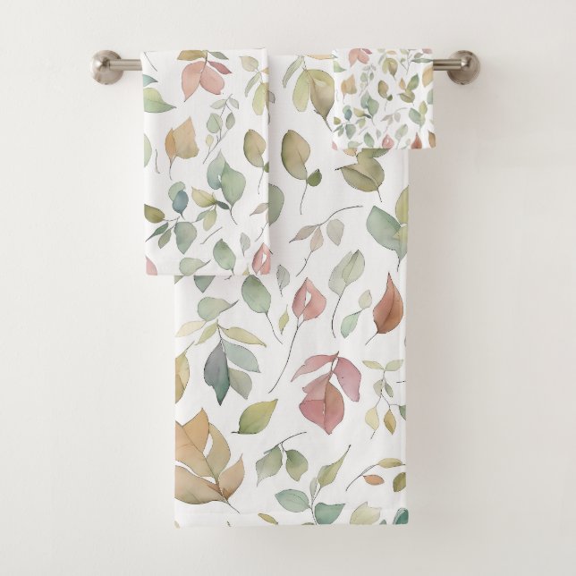 Watercolor Leaves Green Earth Tones Bath Towel Set (Insitu)