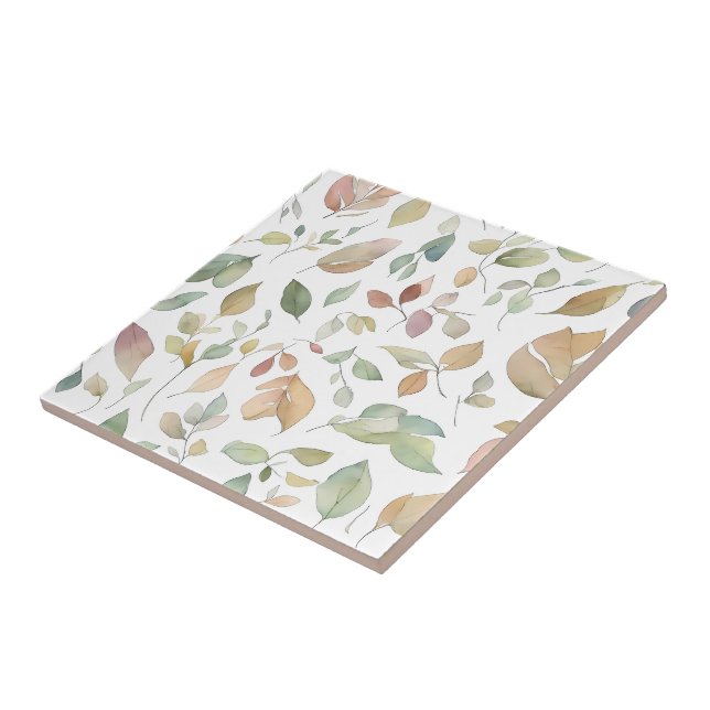 Watercolor Leaves Green Earth Tones Tile (Side)