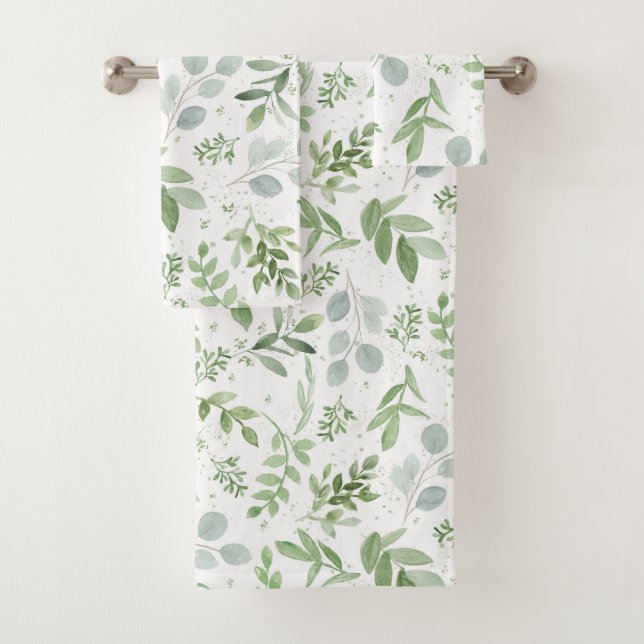 Watercolor Leaves Greenery Hand Bathroom Towel Set (Insitu)