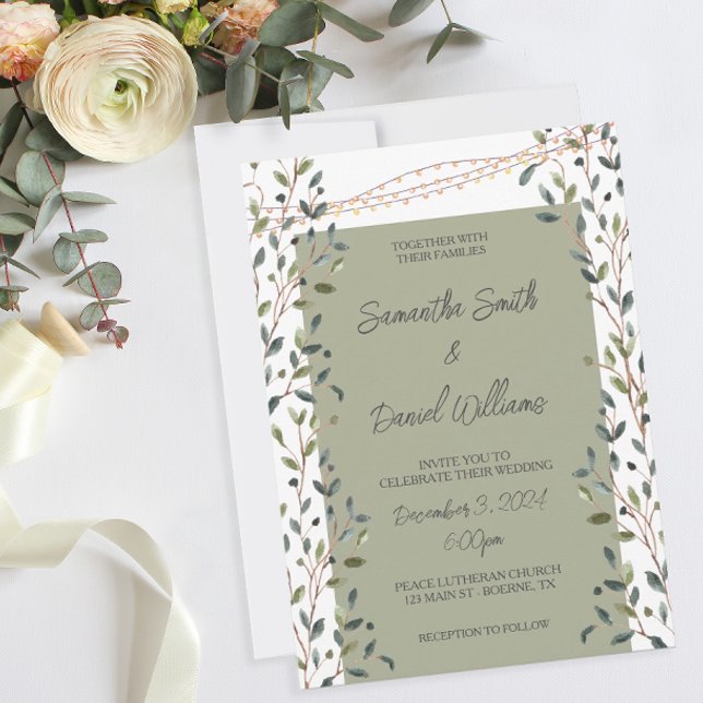 Watercolor Leaves Greenery Wedding Invitation (A botanical themed wedding invitation in moss green.)