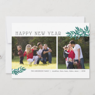 Watercolor Leaves Happy New Year Two Photo Holiday Card
