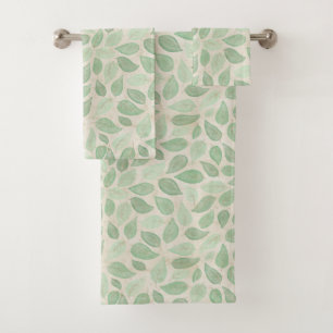 Watercolor Leaves in Green and Beige Bath Towel Set
