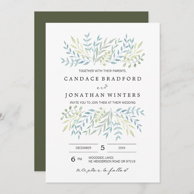 Watercolor Leaves in Green Hues Wedding Invitation (Front/Back)