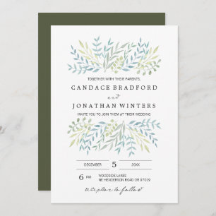 Watercolor Leaves in Green Hues Wedding Invitation