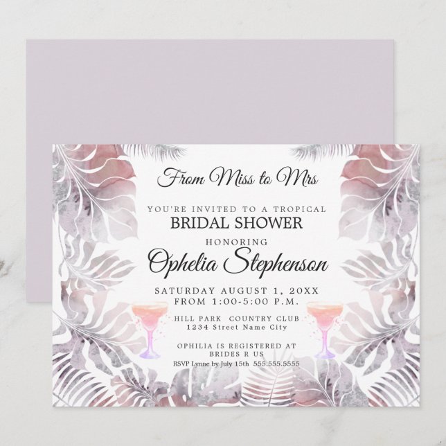 Watercolor Leaves in Rose Pink and Mauve Invitation (Front/Back)