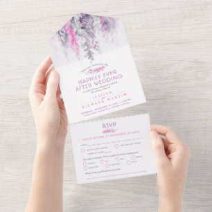 Watercolor leaves indigo pink wedding after party all in one invitation