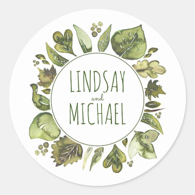 Watercolor Leaves Laurel - Greenery Wreath Wedding Classic Round Sticker (Front)