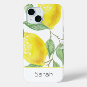 Watercolor Leaves Lemon Modern Monogrammed iPhone 15 Case