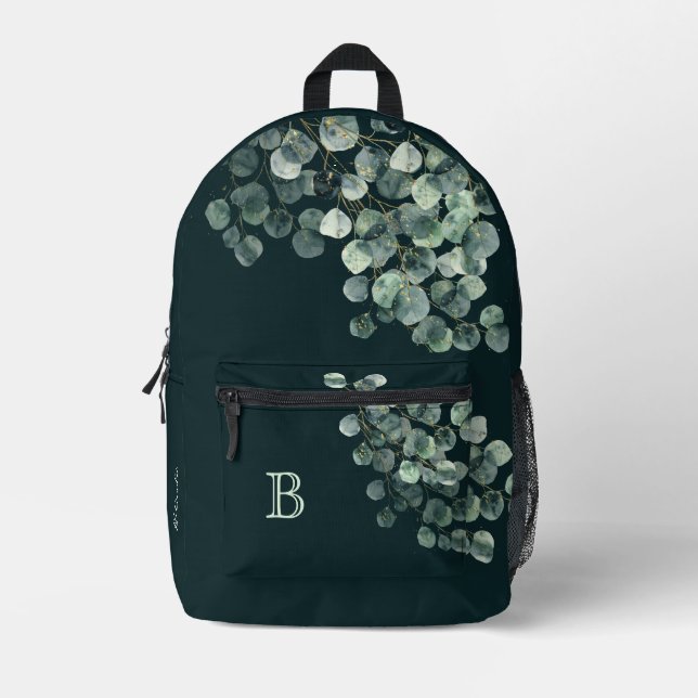 Watercolor Leaves Monogram and Name Printed Backpack (Front)