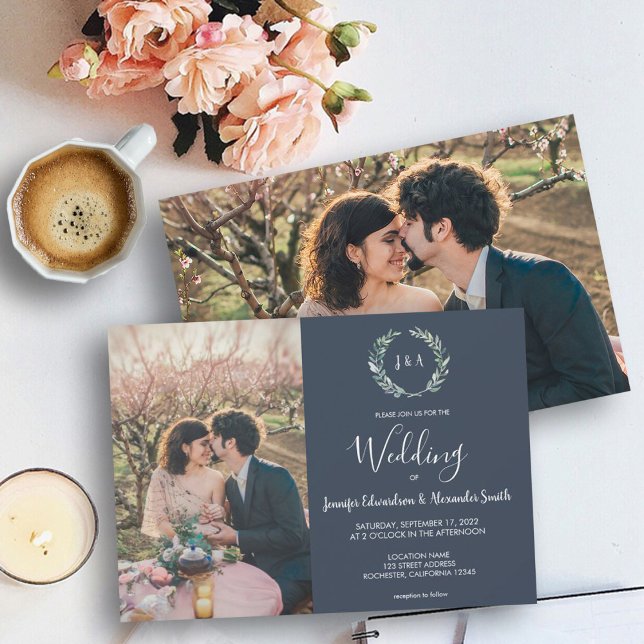 Watercolor leaves monogram photo navy blue Wedding Invitation (Rustic navy blue, watercolor leaves, photo and monograms wedding invitation. )