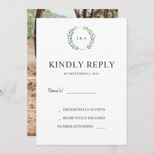 Watercolor leaves monogram photo wedding RSVP Invitation (Front/Back)