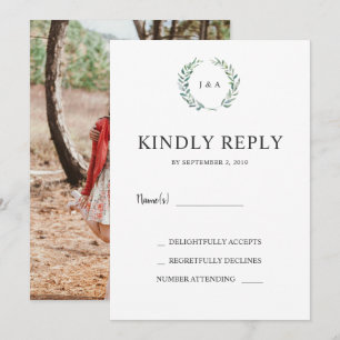 Watercolor leaves monogram photo wedding RSVP Invitation