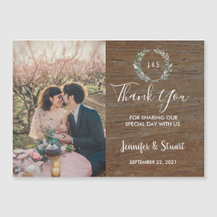 Watercolor leaves monogram photo wedding thank you