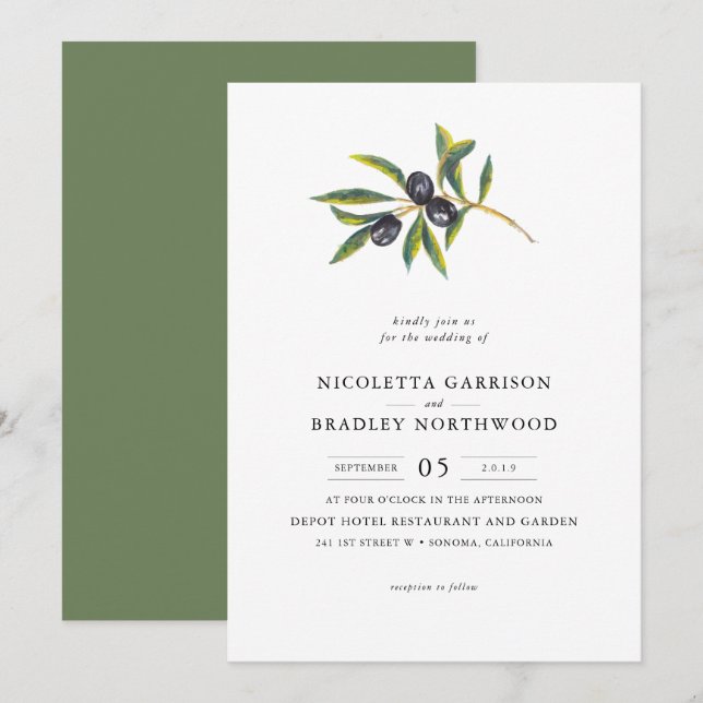 Watercolor Leaves Olive Orchard | Wedding Invitation (Front/Back)