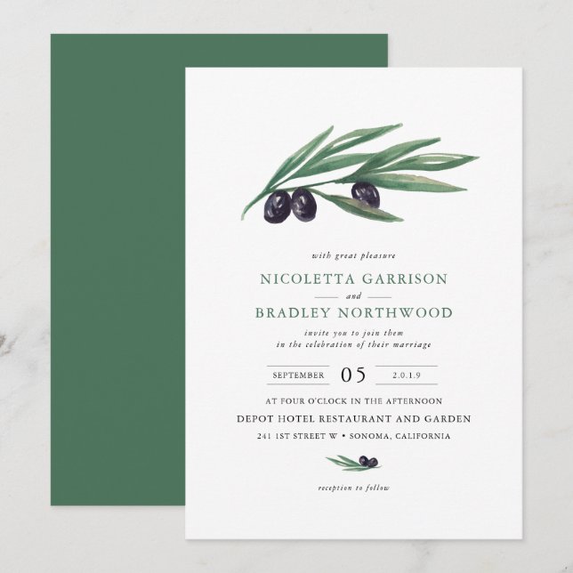 Watercolor Leaves Olive Orchard Wedding Invitation (Front/Back)