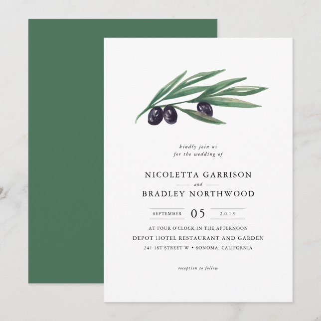 Watercolor Leaves Olive Orchard Wedding Invitation (Front/Back)