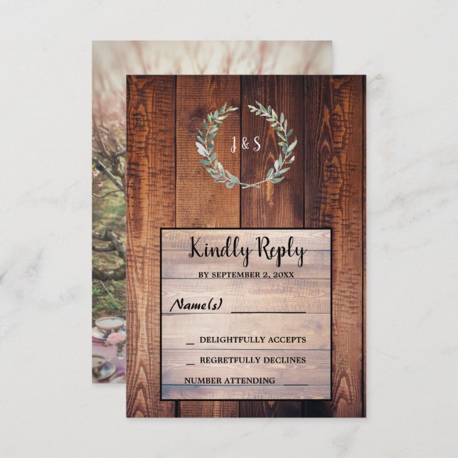 Watercolor leaves on barn wood photo Wedding RSVP  Invitation (Front/Back)