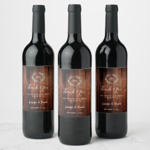Watercolor leaves on barn wood thank you wedding wine label