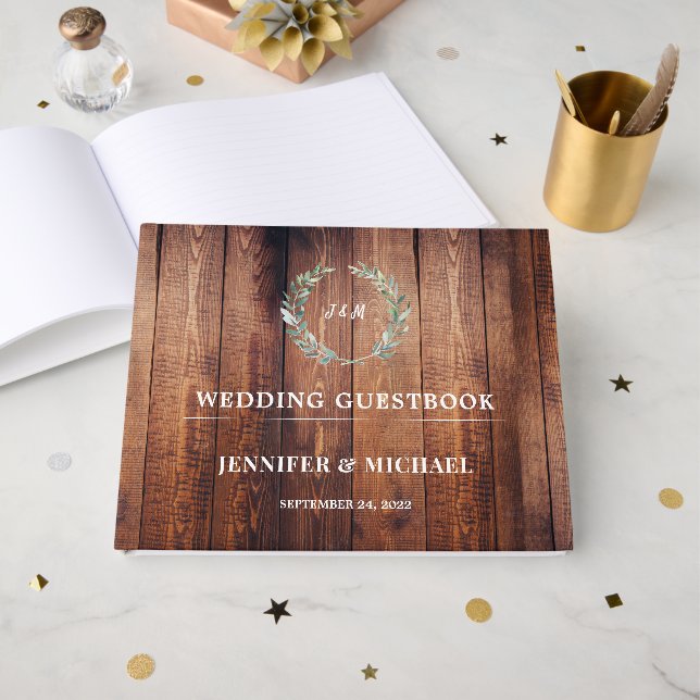 Watercolor leaves on rustic barn wood Wedding Guest Book (Front Open)