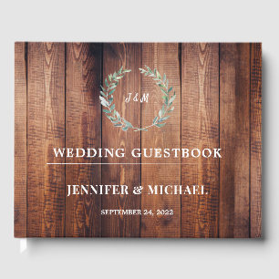 Watercolor leaves on rustic barn wood Wedding Guest Book