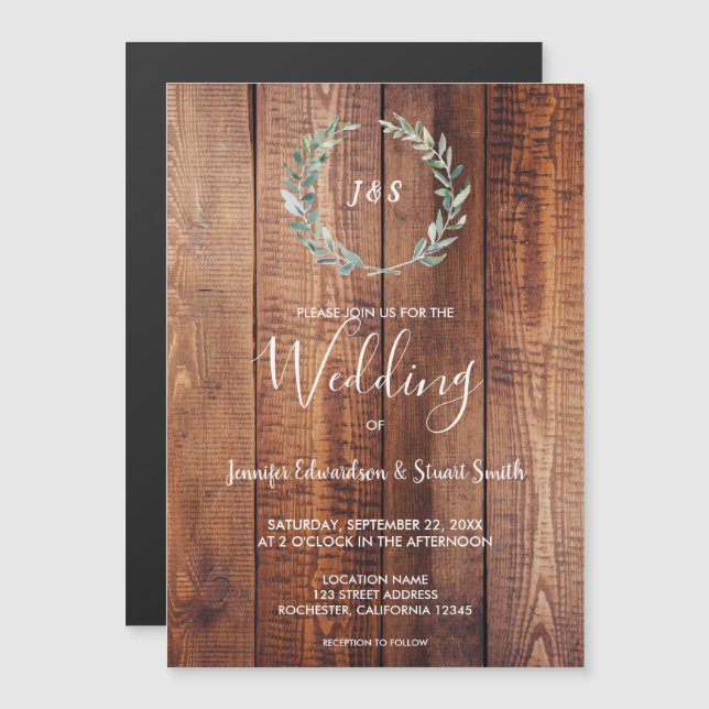 Watercolor leaves on rustic barn wood Wedding Magnetic Invitation (Front/Back)