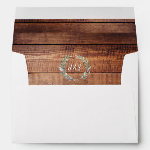 Watercolor leaves on rustic wood monogram Wedding Envelope