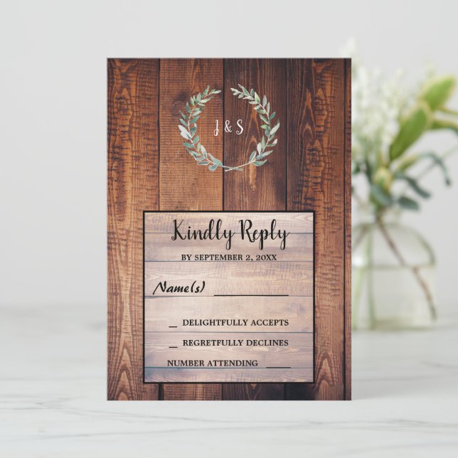 Watercolor leaves on rustic wood monogrammed RSVP Invitation (Standing Front)