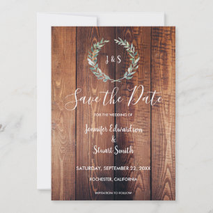 Watercolor leaves on rustic wood photo wedding save the date