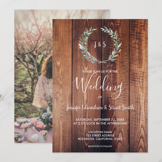 Watercolor leaves on wood monogram photo Wedding Invitation (Front/Back)