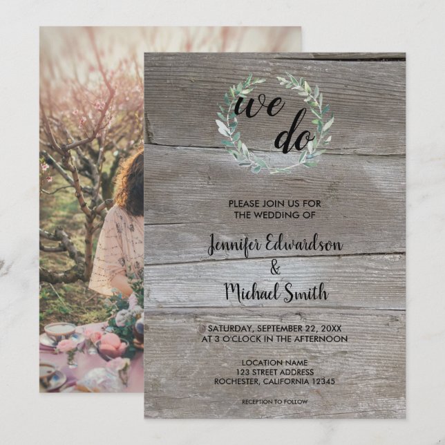 Watercolor leaves on wood We Do photo Wedding Invitation (Front/Back)