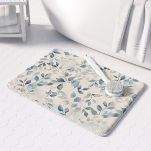 Watercolor Leaves Pattern Blue Beige Cream Bath Mat