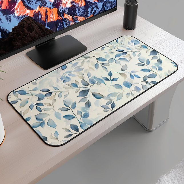 Watercolor Leaves Pattern Blue Beige Cream Desk Mat (Creator Uploaded)