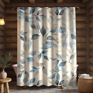 Watercolor Leaves Pattern Blue Beige Cream Shower Curtain