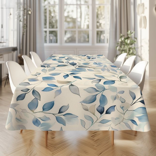 Watercolor Leaves Pattern Blue Beige Cream Tablecloth (Creator Uploaded)