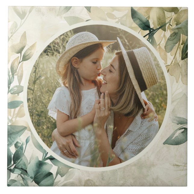 Watercolor Leaves Pattern Personalised Photo Tile (Front)