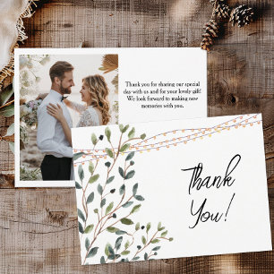 Watercolor Leaves Photo Wedding Thank You Card