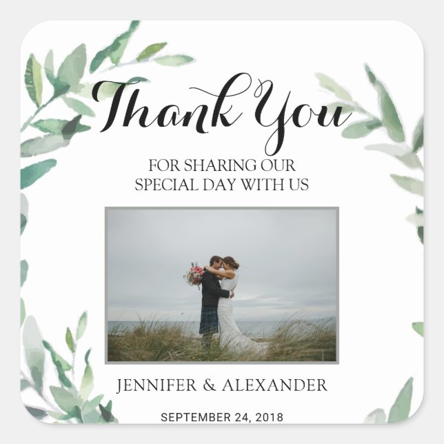 Watercolor leaves photo Wedding Thank You Favour Square Sticker (Front)