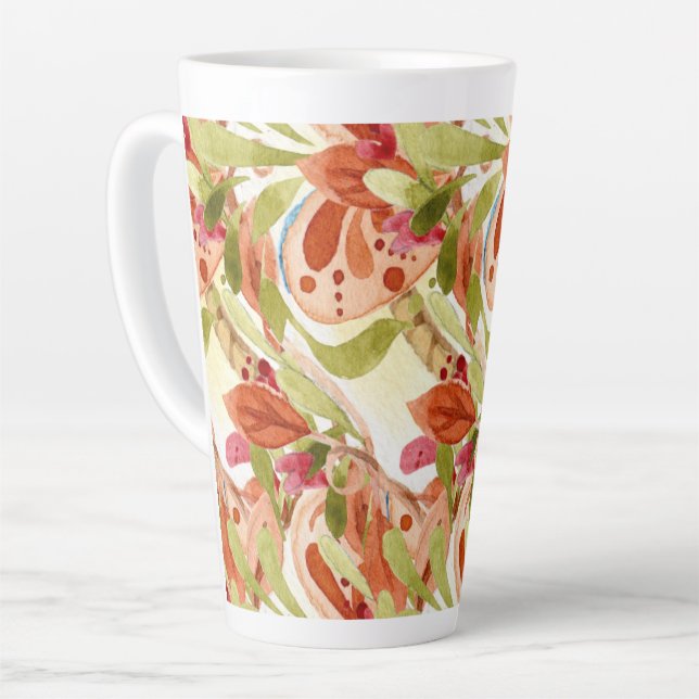 Watercolor Leaves Pink and Sage Green Latte Mug (Left Angle)