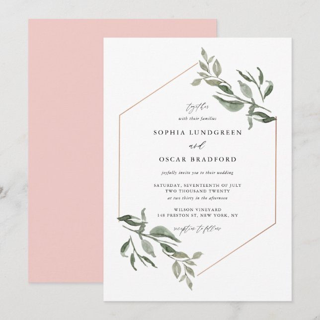 Watercolor Leaves Rose Gold Frame Wedding Invitation (Front/Back)