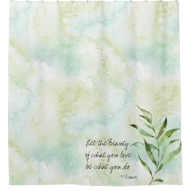 Watercolor Leaves Rumi Quote Shower Curtain (Front)