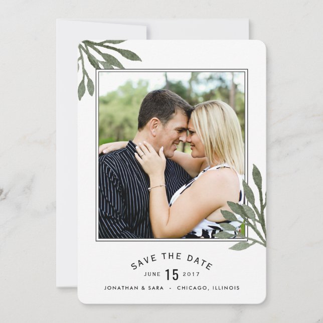 Watercolor Leaves Save The Date 2 Photos (Front)