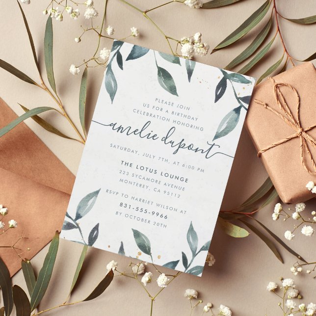 Watercolor Leaves & Script | Custom Birthday Party Invitation (Creator Uploaded)