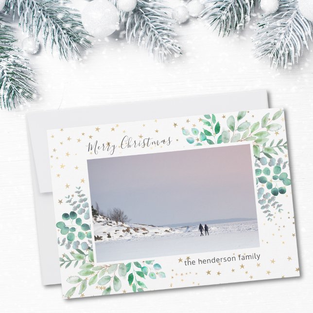 Watercolor Leaves Stars Photo Merry Christmas Holiday Card (Creator Uploaded)