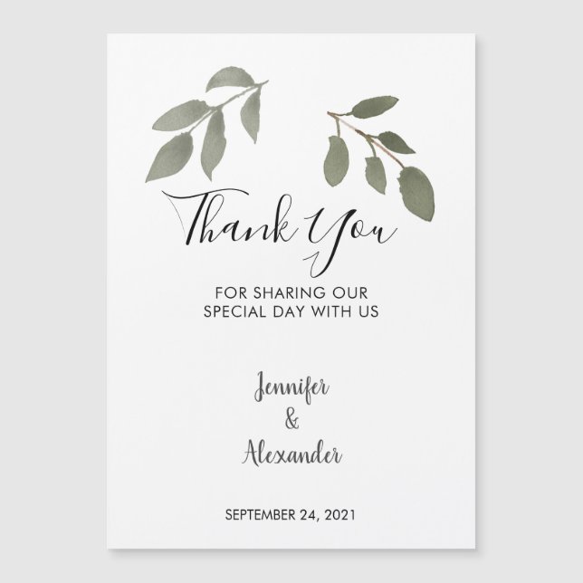 Watercolor leaves thank you Wedding magnetic card (Front)